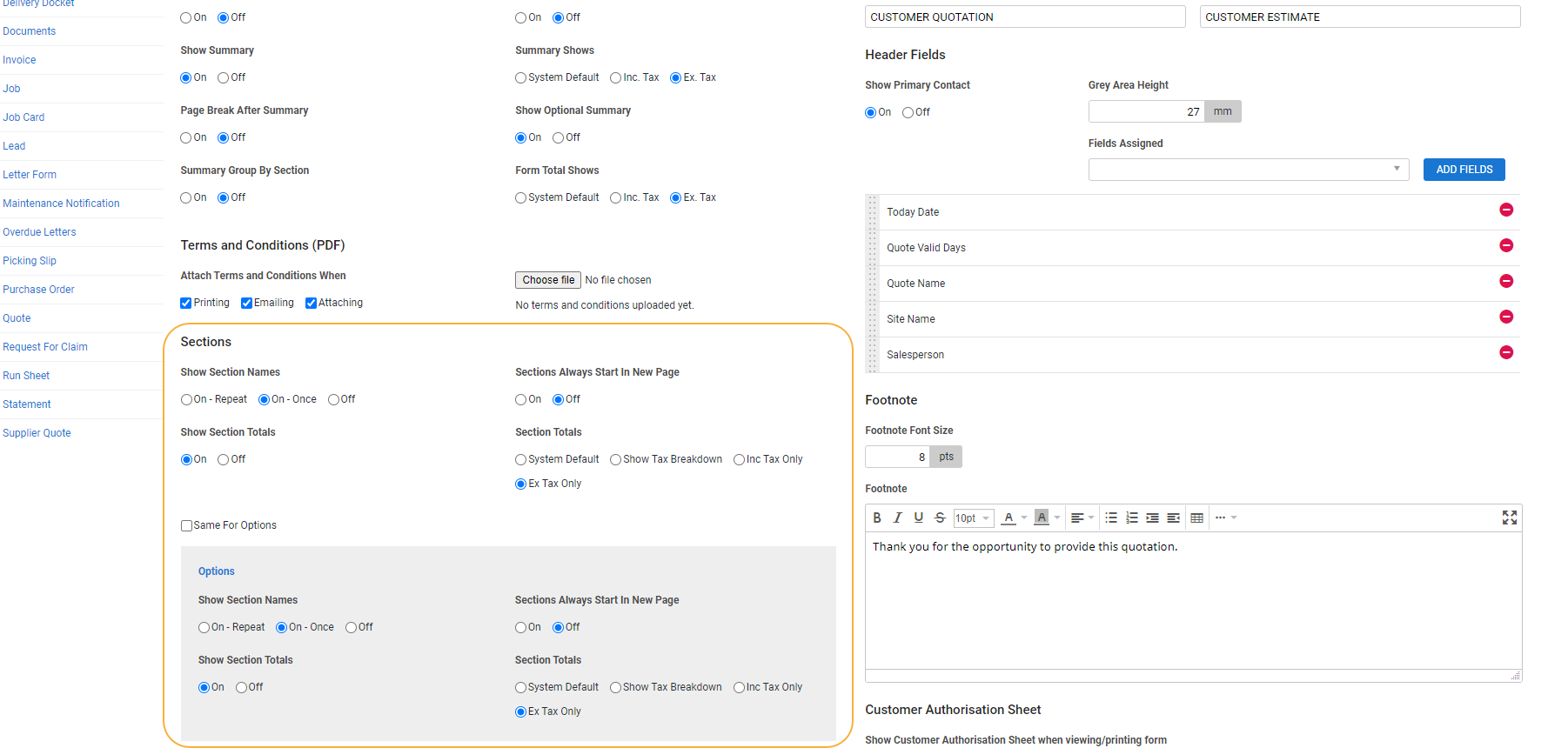 A screenshot of the Sections setup options for quote forms.