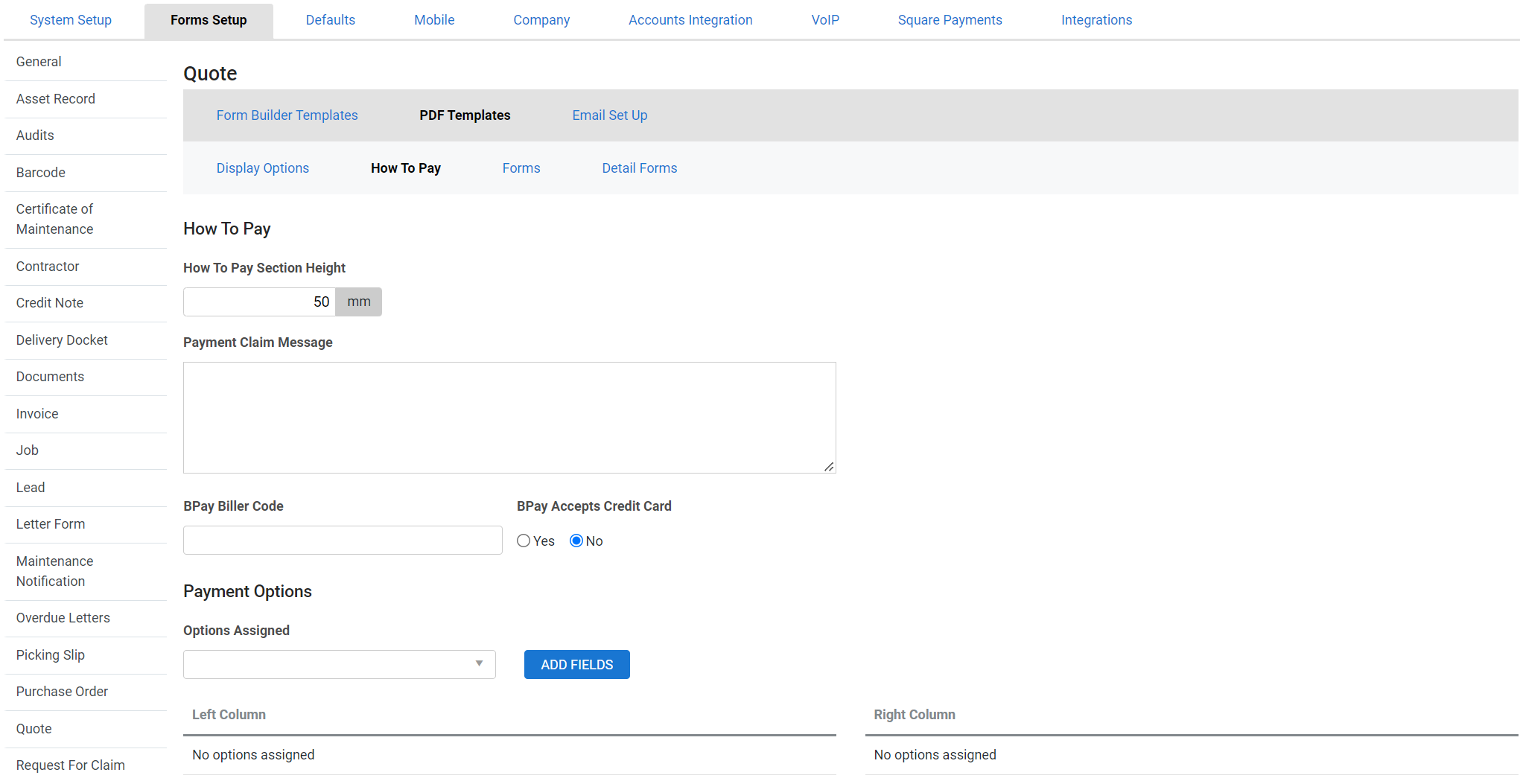 A screenshot of the How to Pay tab for quote forms.