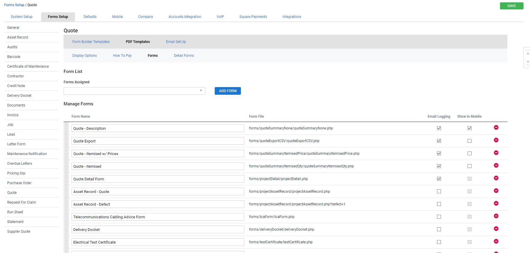 A screenshot of the quote form templates in Forms Setup.