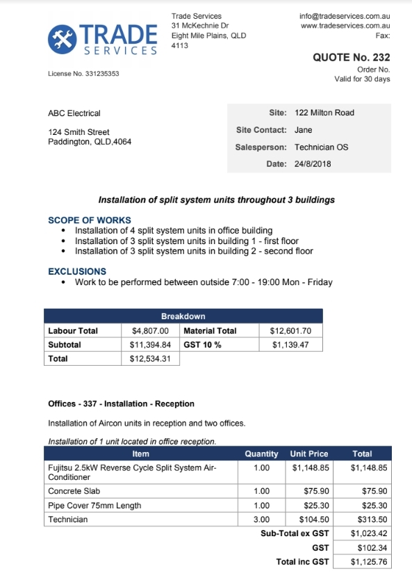 A screenshot of a quote created from a form builder template.