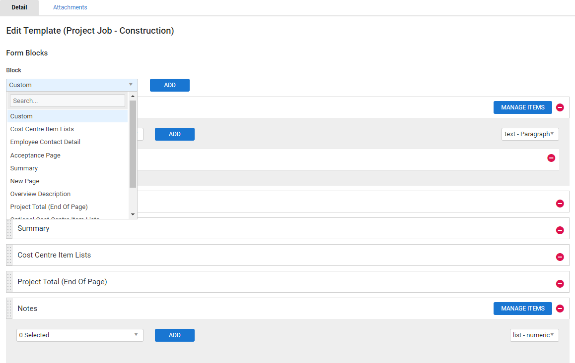A screenshot of the Block drop-down in a form template.