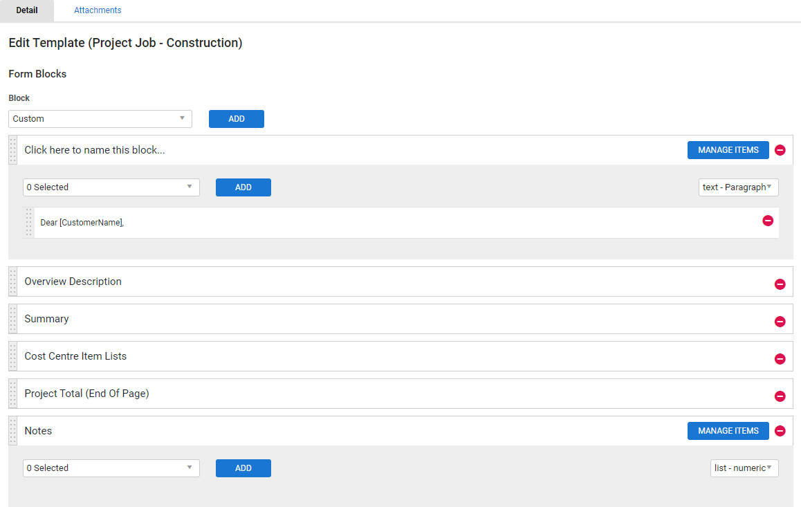 A screenshot of a detail form template being edited.