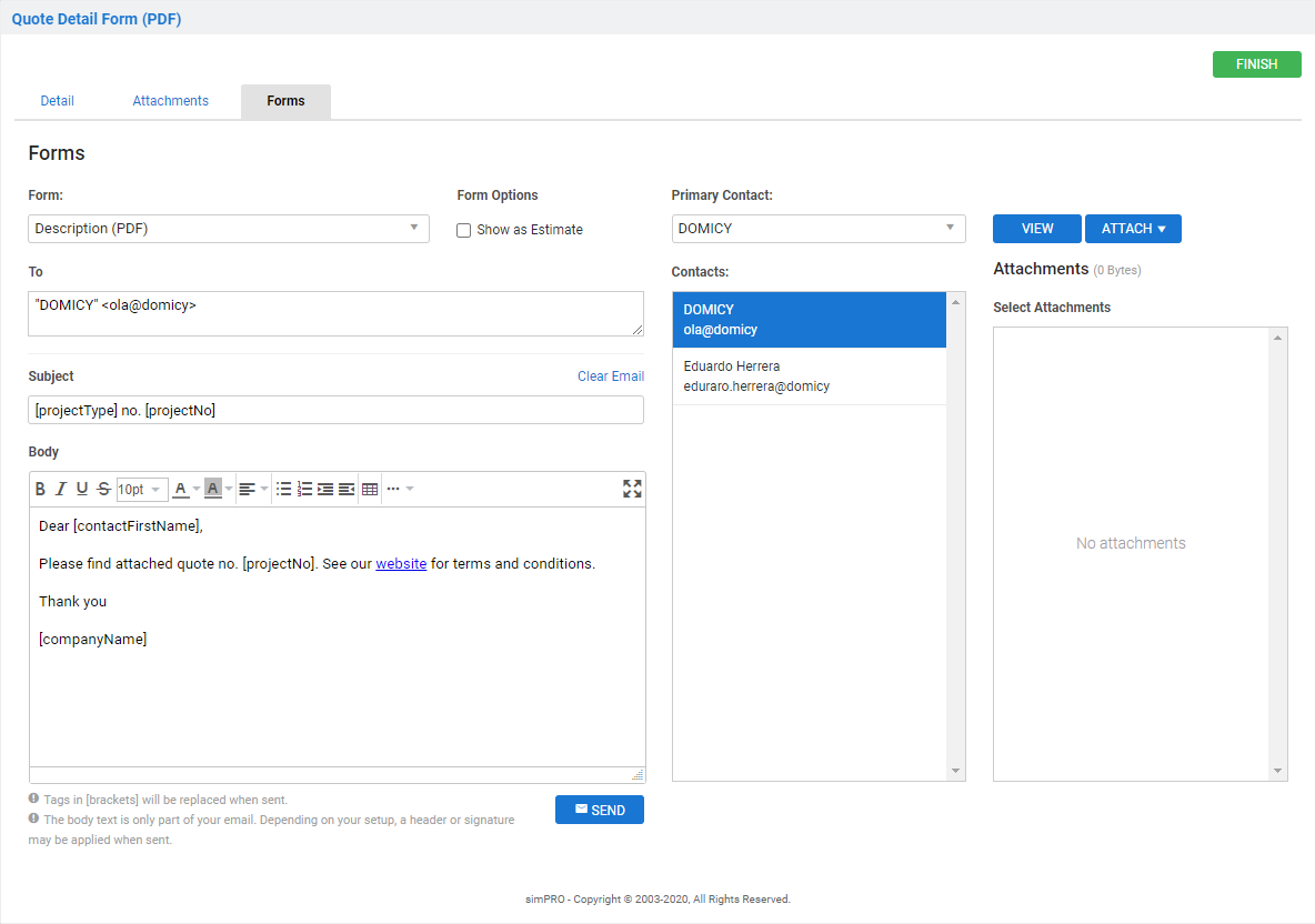 A screenshot of the Forms tab in a job detail form.