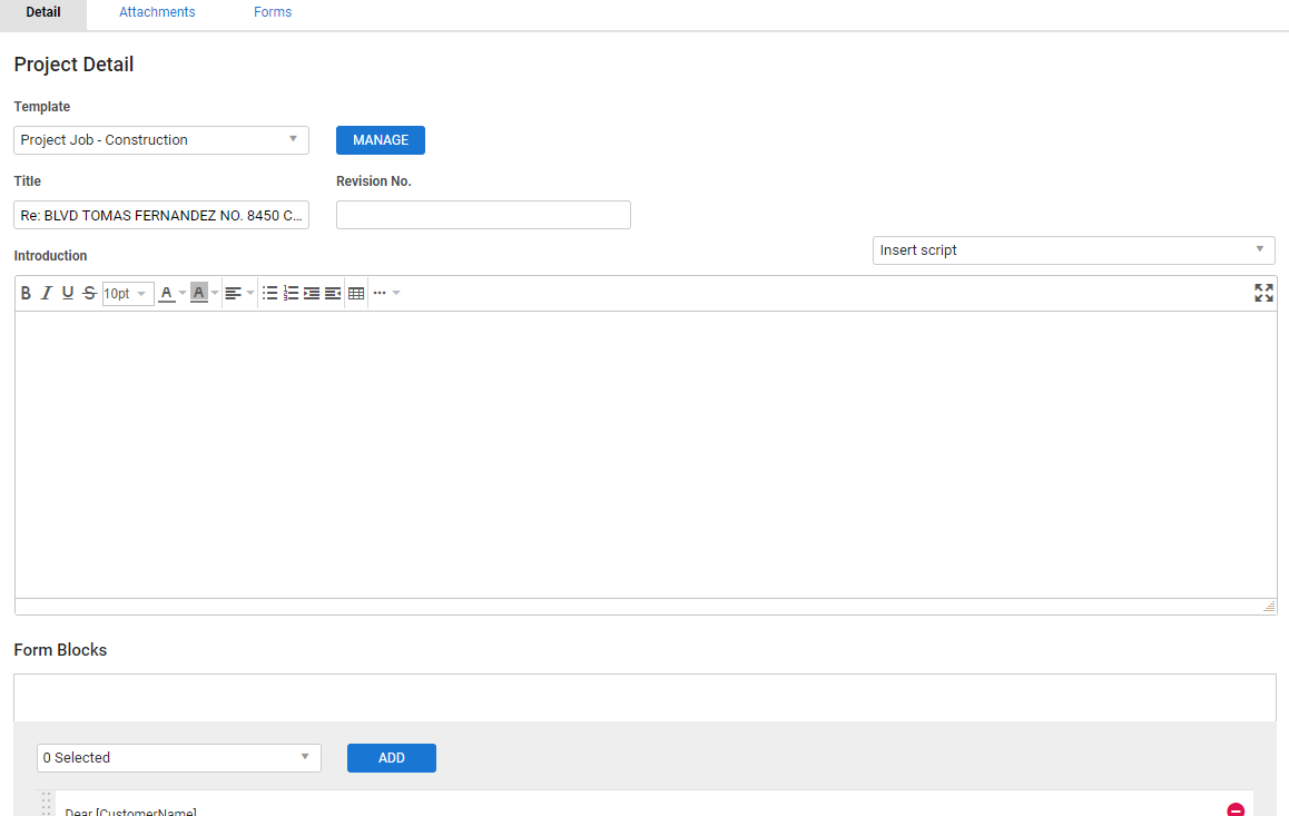 A screenshot of a job detail form.