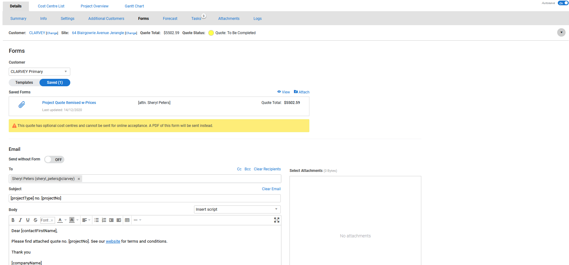 A screenshot of a saved form template.