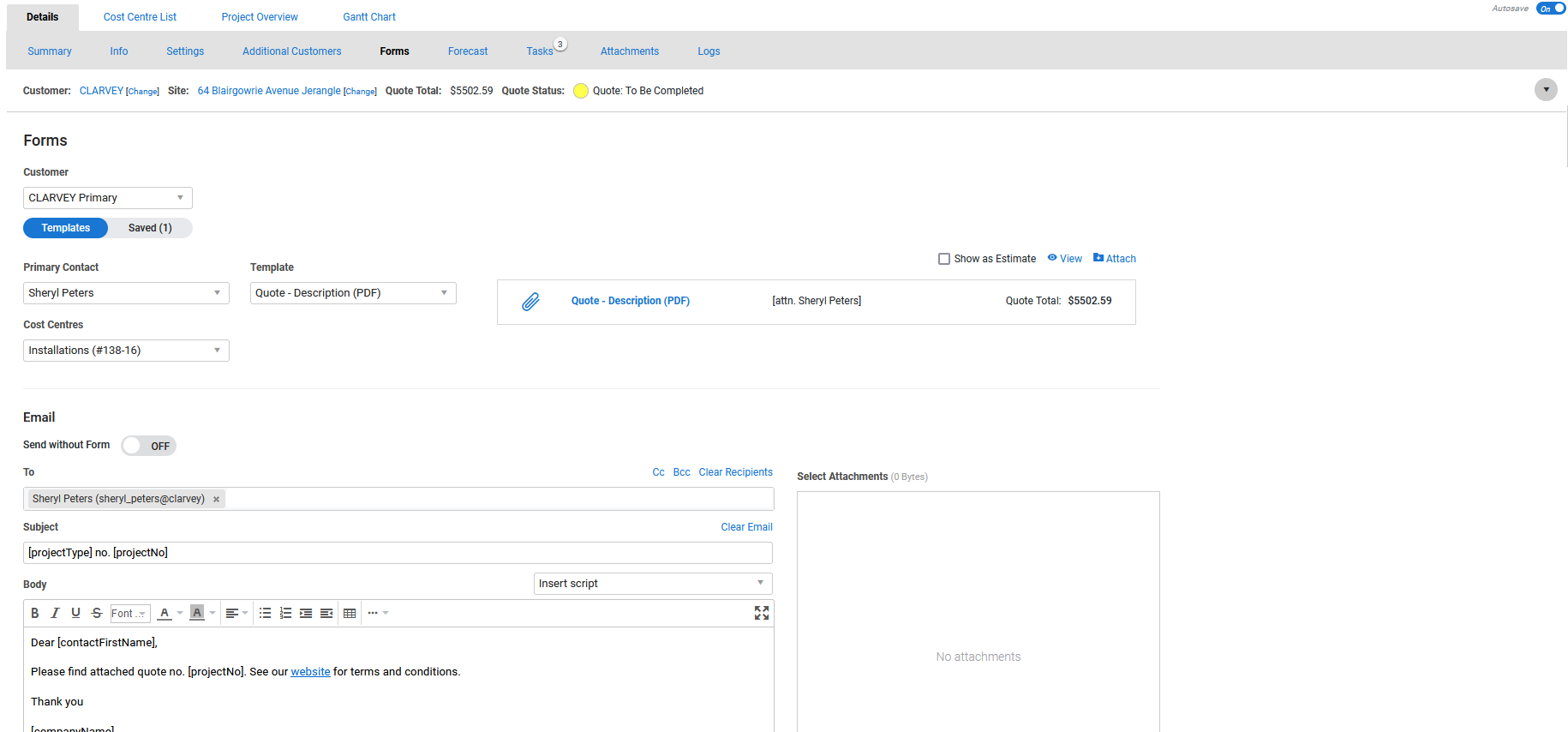 A screenshot of the Forms tab in a quote.