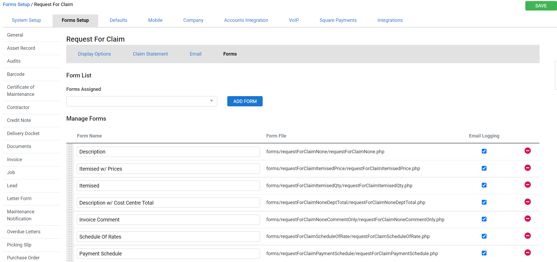 A screenshot of the Forms tab in a request for claim with a drop-down list of form templates to select.