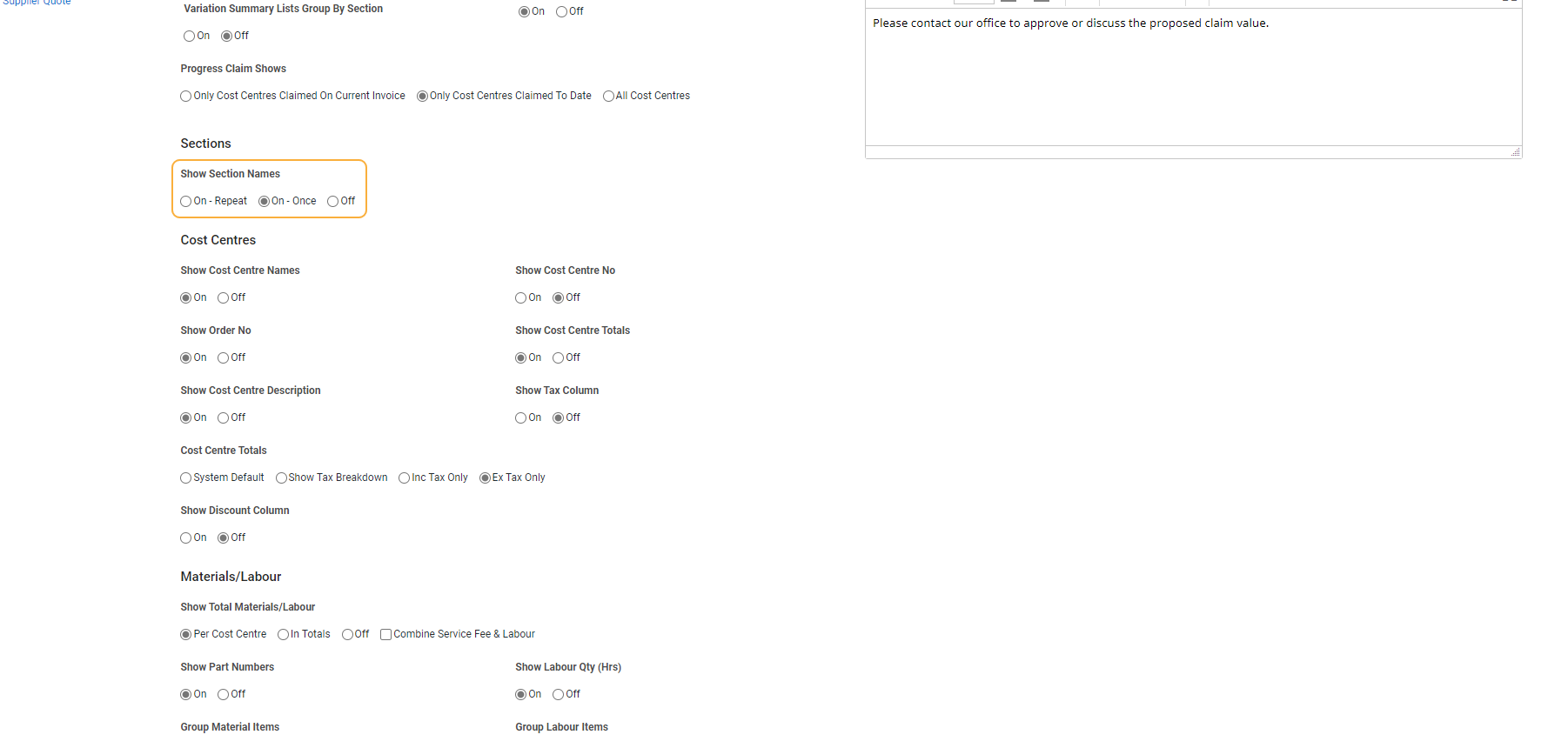 A screenshot of the section names above each cost centre on a request for claim.