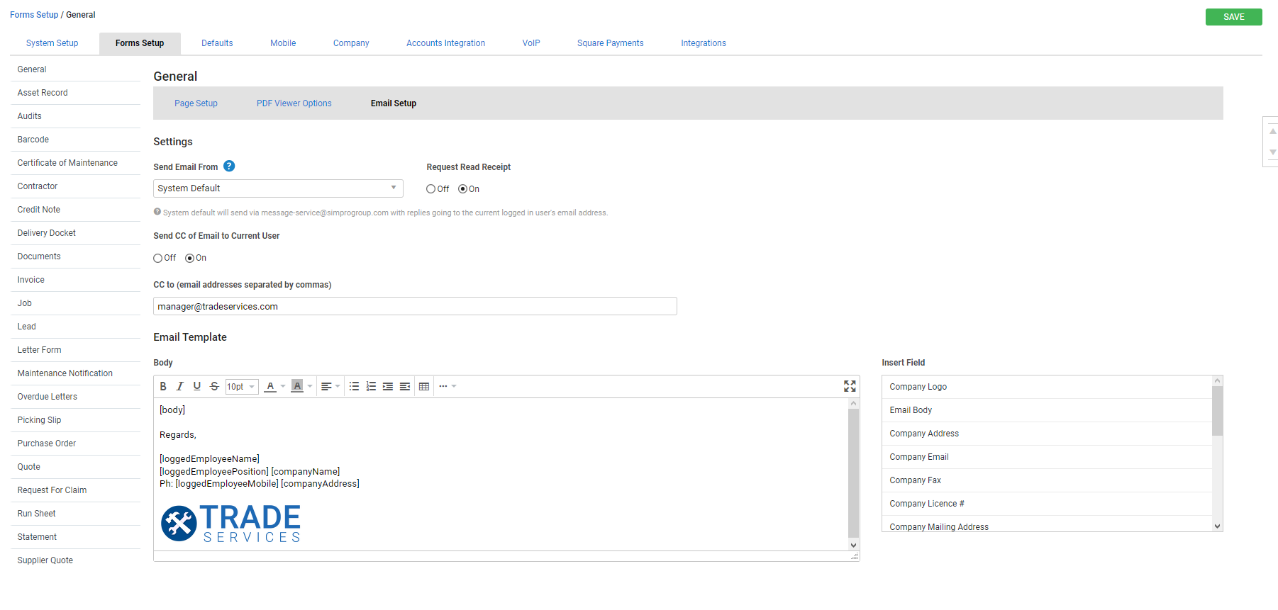 A screenshot of the Email Setup sub-tab.