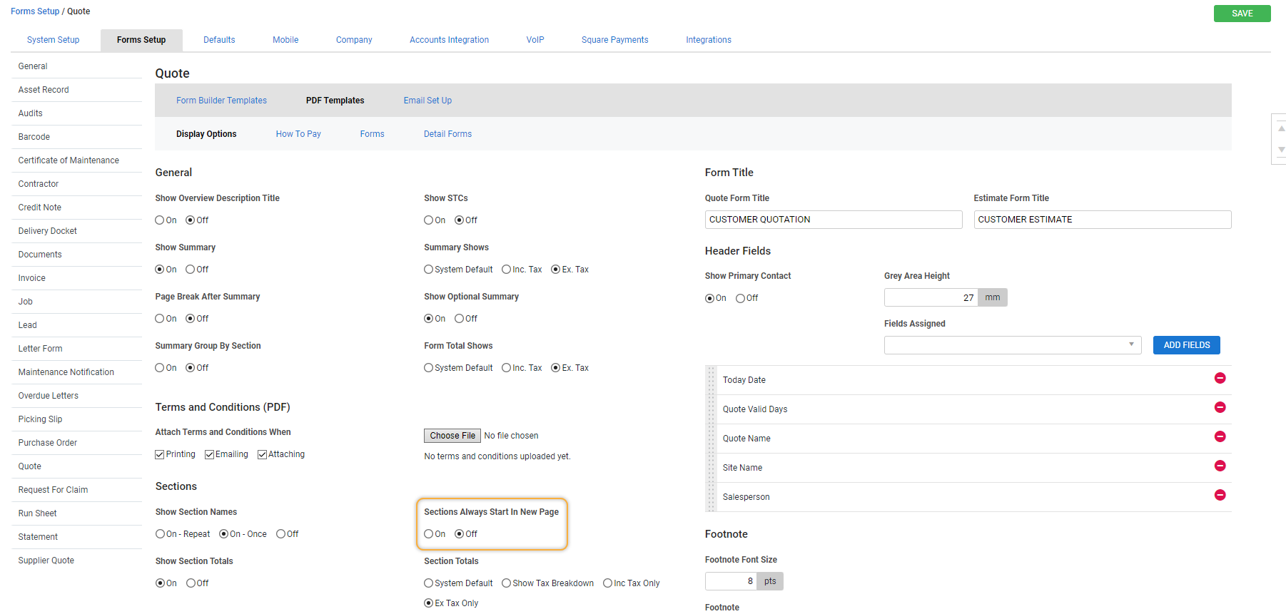 A screenshot of the Sections Always Start In New Page options.