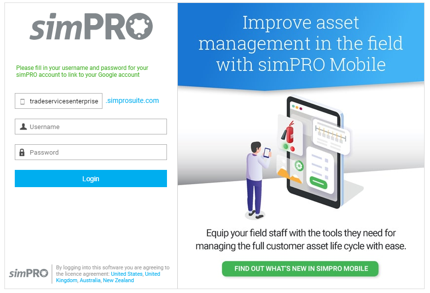 A screenshot of a Simpro Premium account being linked to a google account.