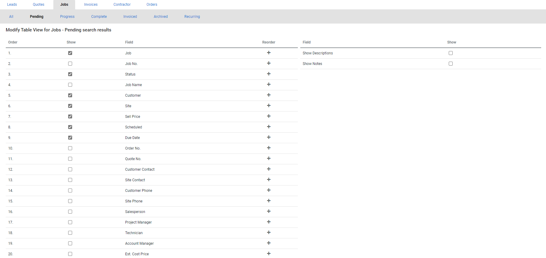 A screenshot of the Modify Table View in the quotes table.