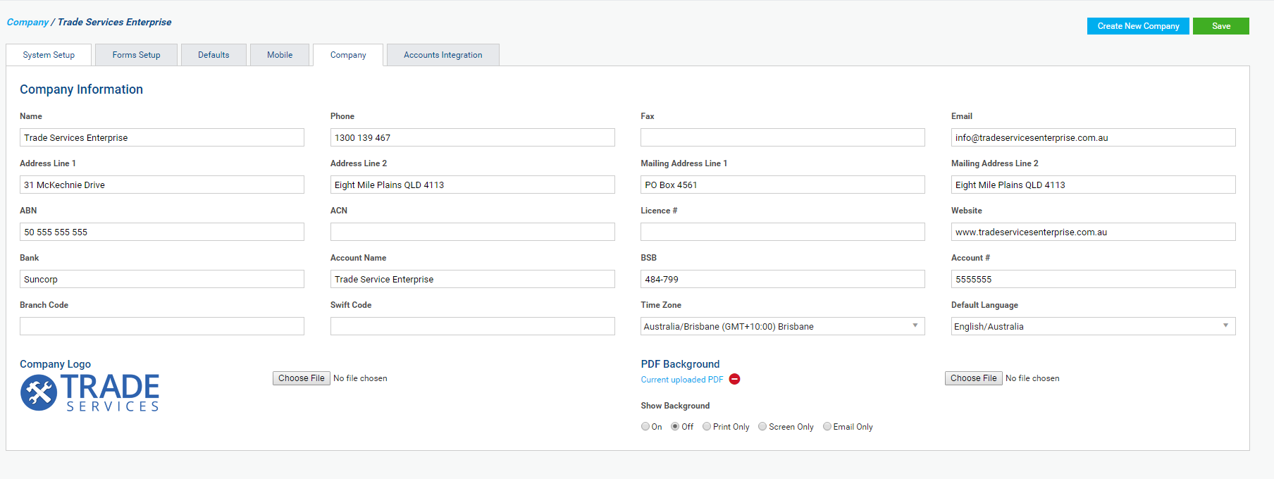 A screenshot of the Company tab.