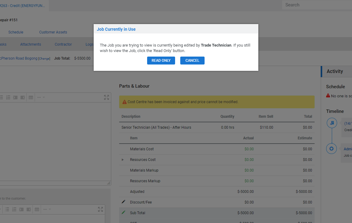 A screenshot of the 'Job Currently in Use' pop-up.