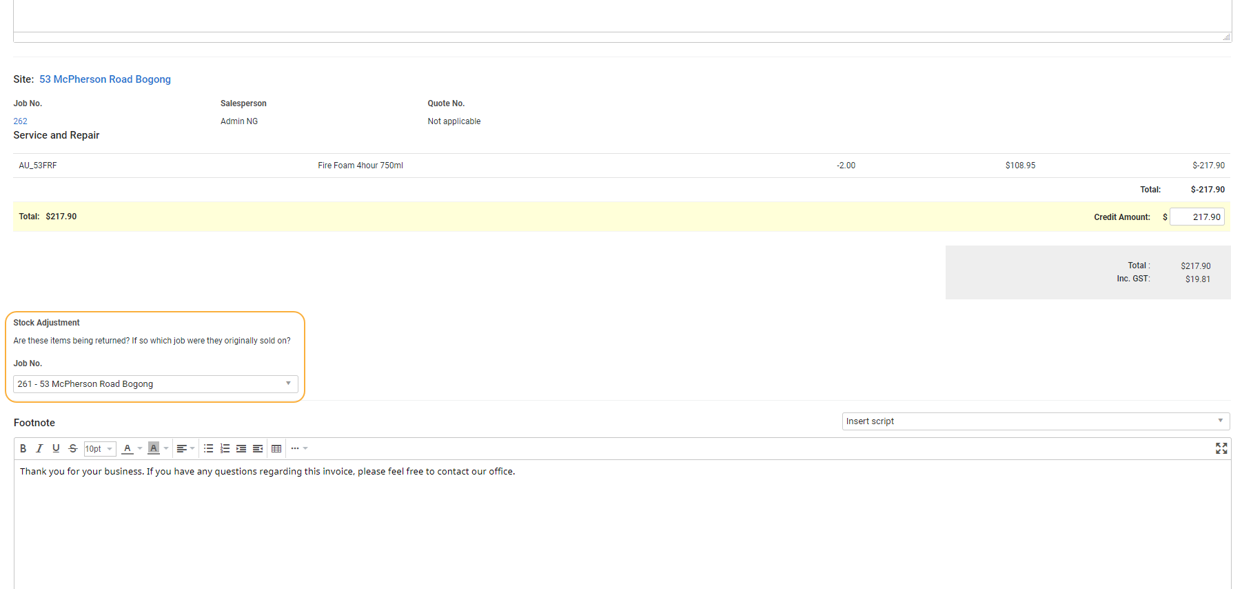 A screenshot of the Stock Adjustment option on an invoice.