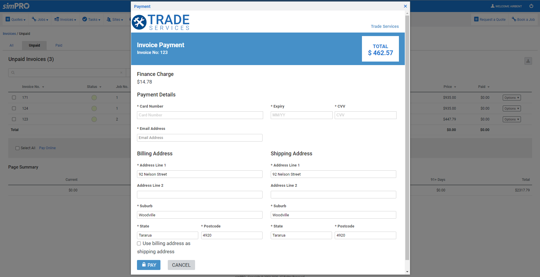 A screenshot of an invoice being paid in the customer portal.