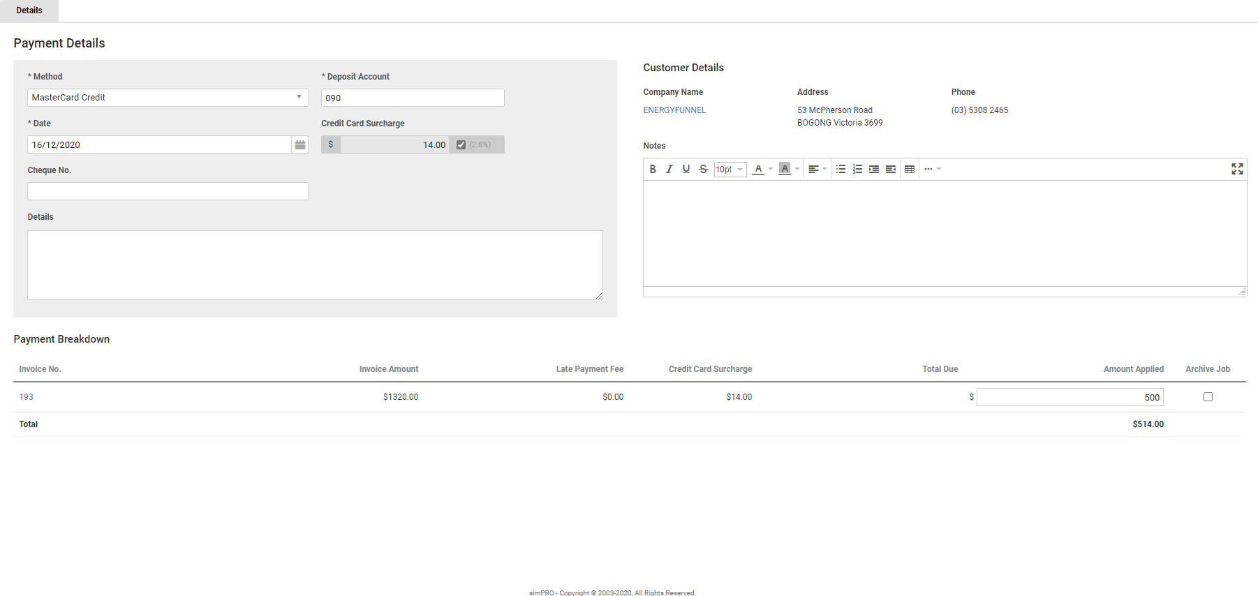 A screenshot of a payment on an invoice.