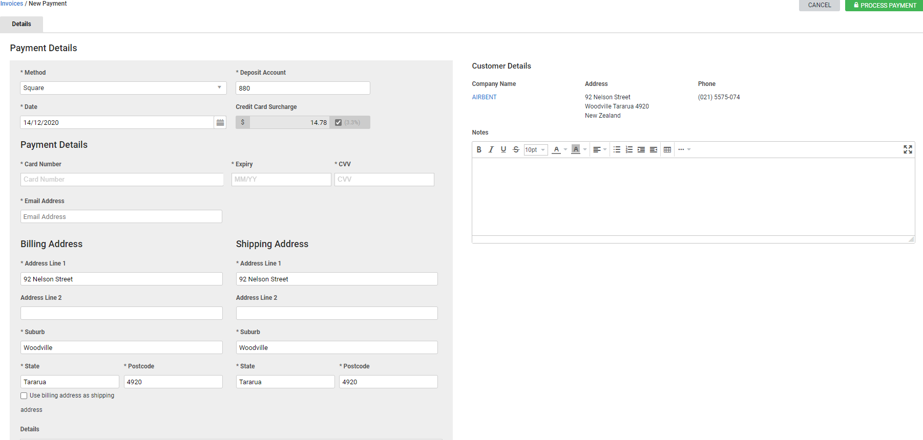 A screenshot of the Square payment method selected.
