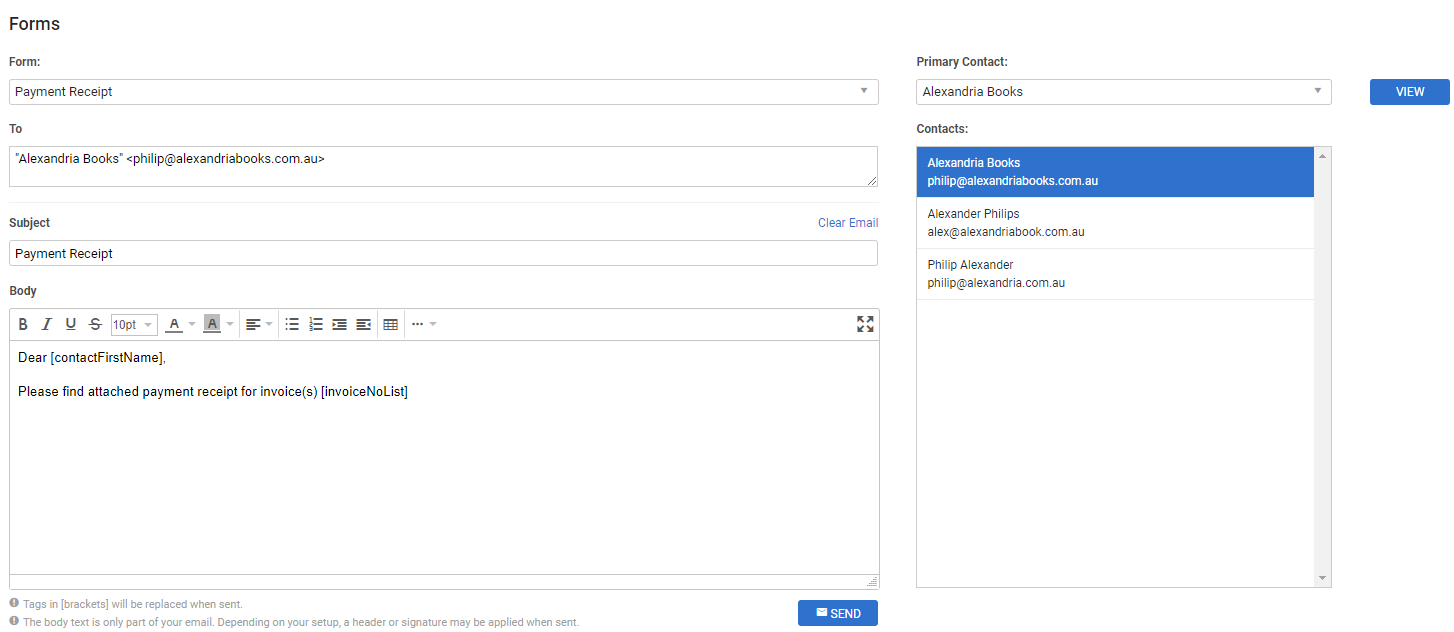 A screenshot of the Forms tab in a payment receipt.