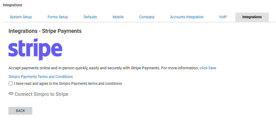 A screenshot of the Stripe Payments option in the Integrations tab.