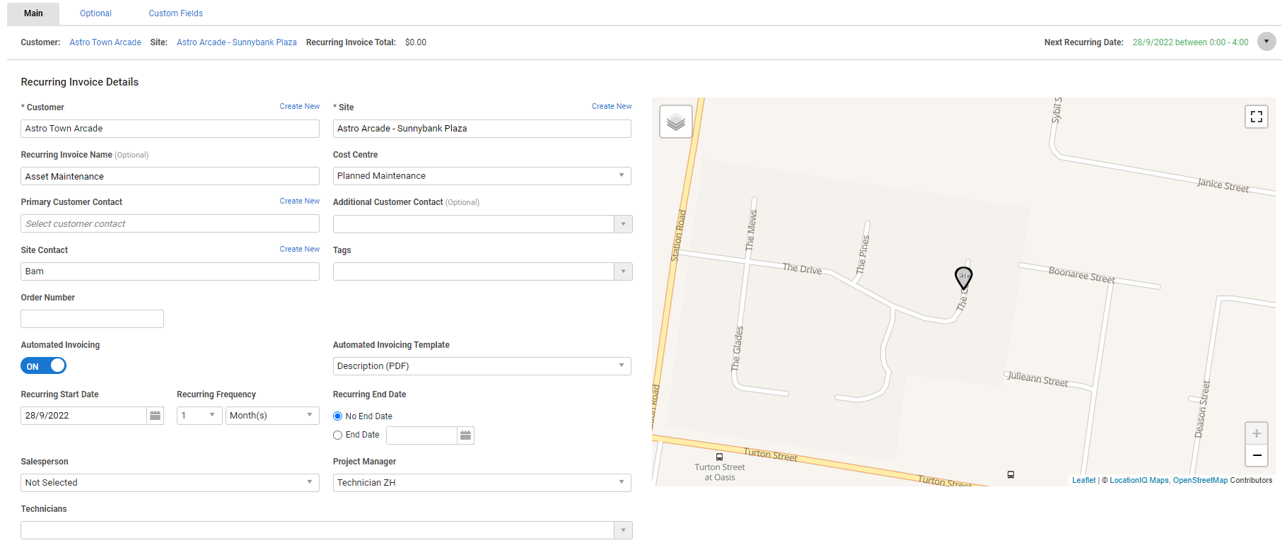 A screenshot of a recurring invoice being created.