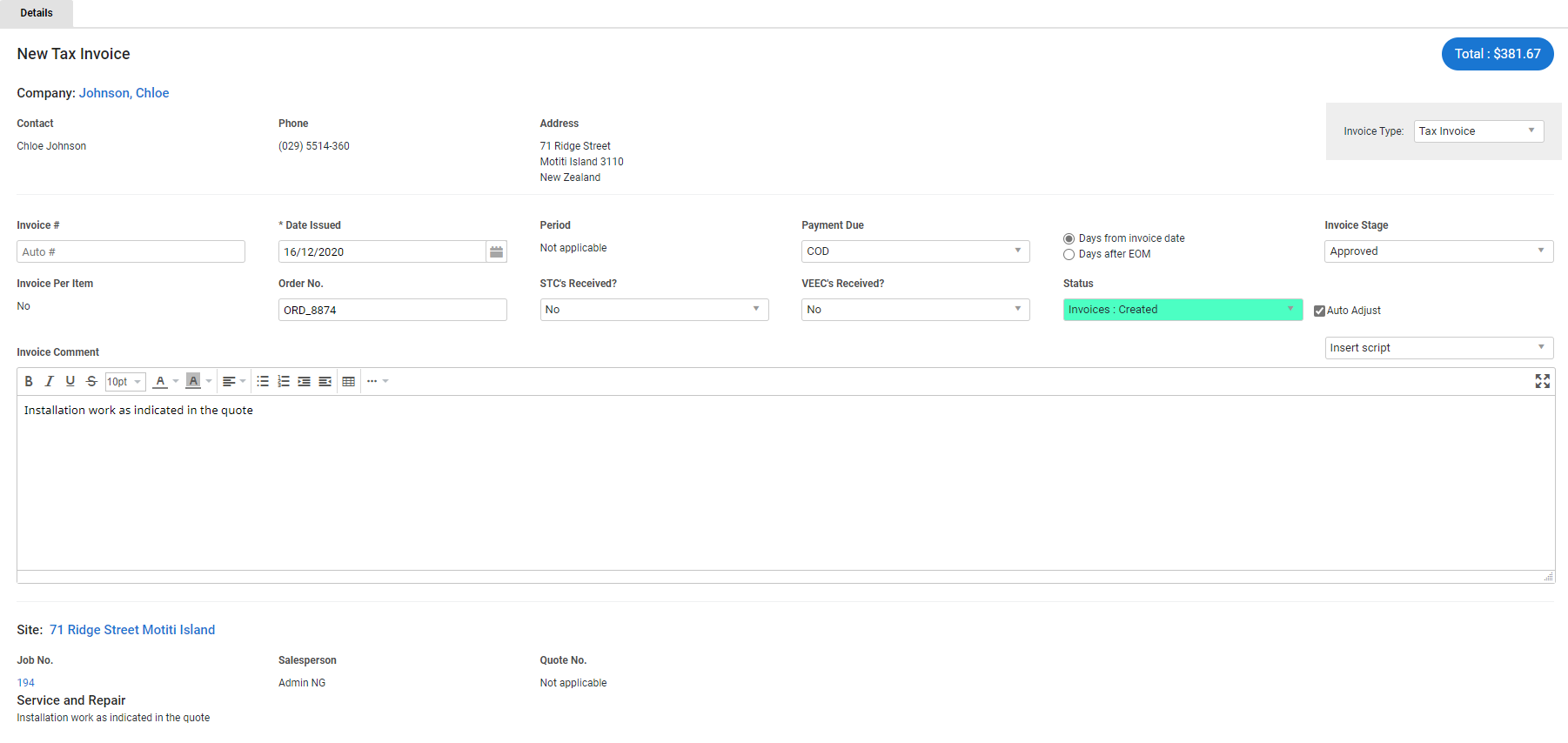 A screenshot of a newly created tax invoice.