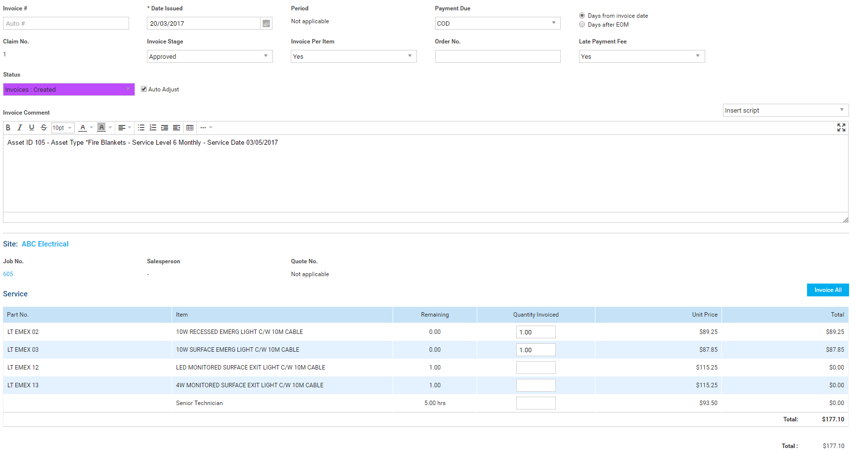 A screenshot of the Invoice Per Item drop-down.