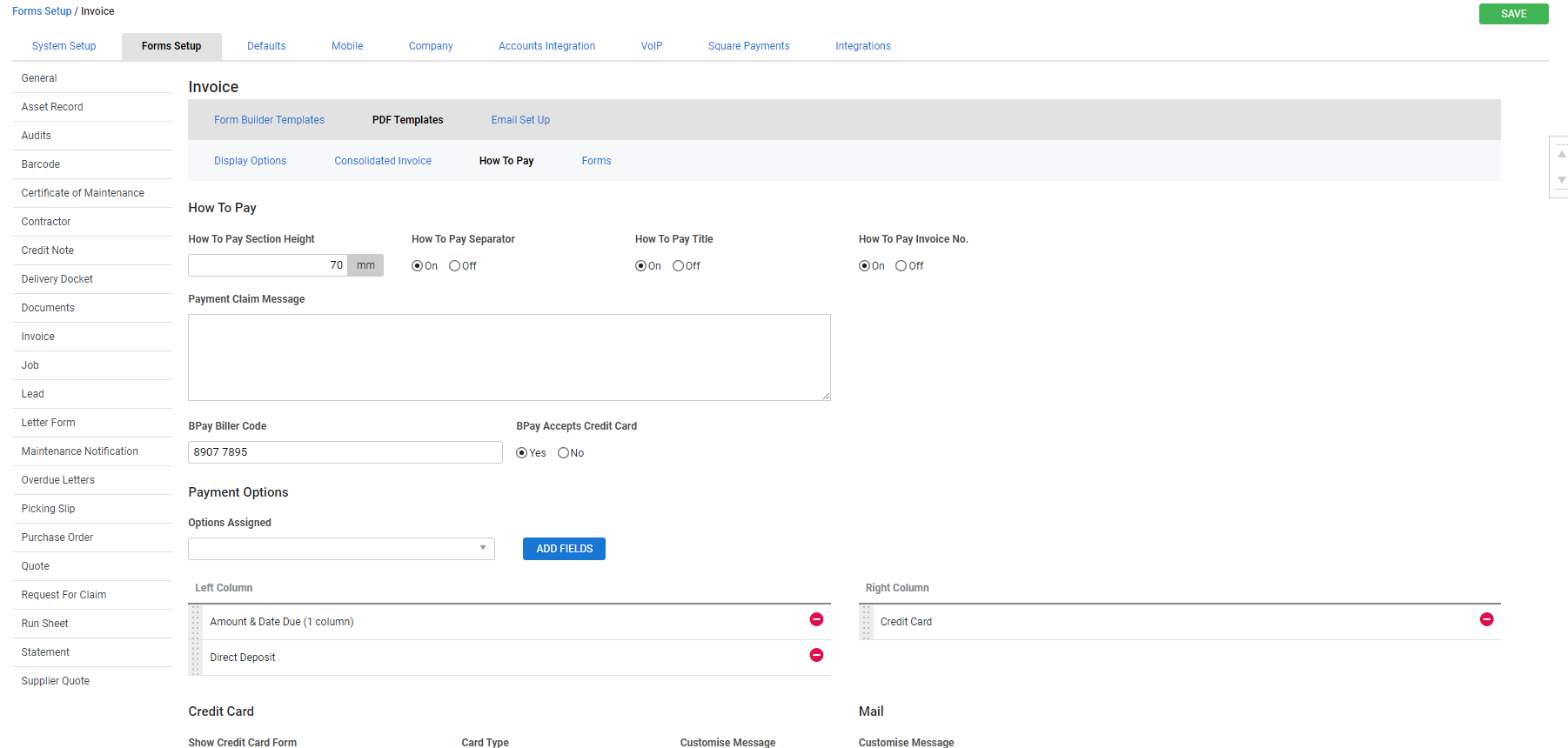 A screenshot of the assigned payment options on invoices.