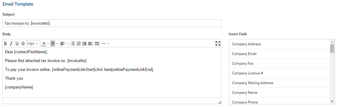 A screenshot of an email template including a link to pay invoices online.