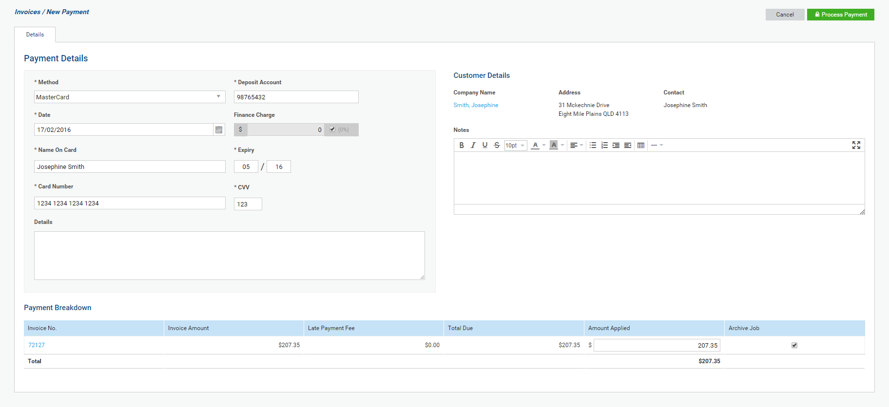 A screenshot of an invoice payment using a Simpro Premium Payments-linked credit card.