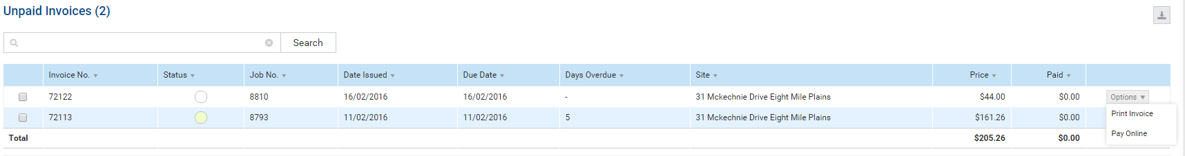 A screenshot of the Pay Online option in the customer portal.
