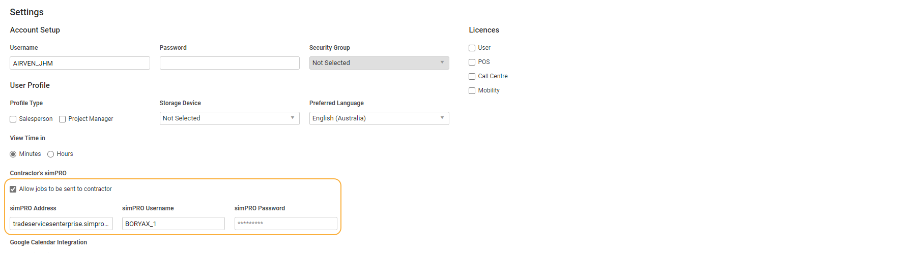 A screenshot of the Contracto'rs Simpro Premium options.