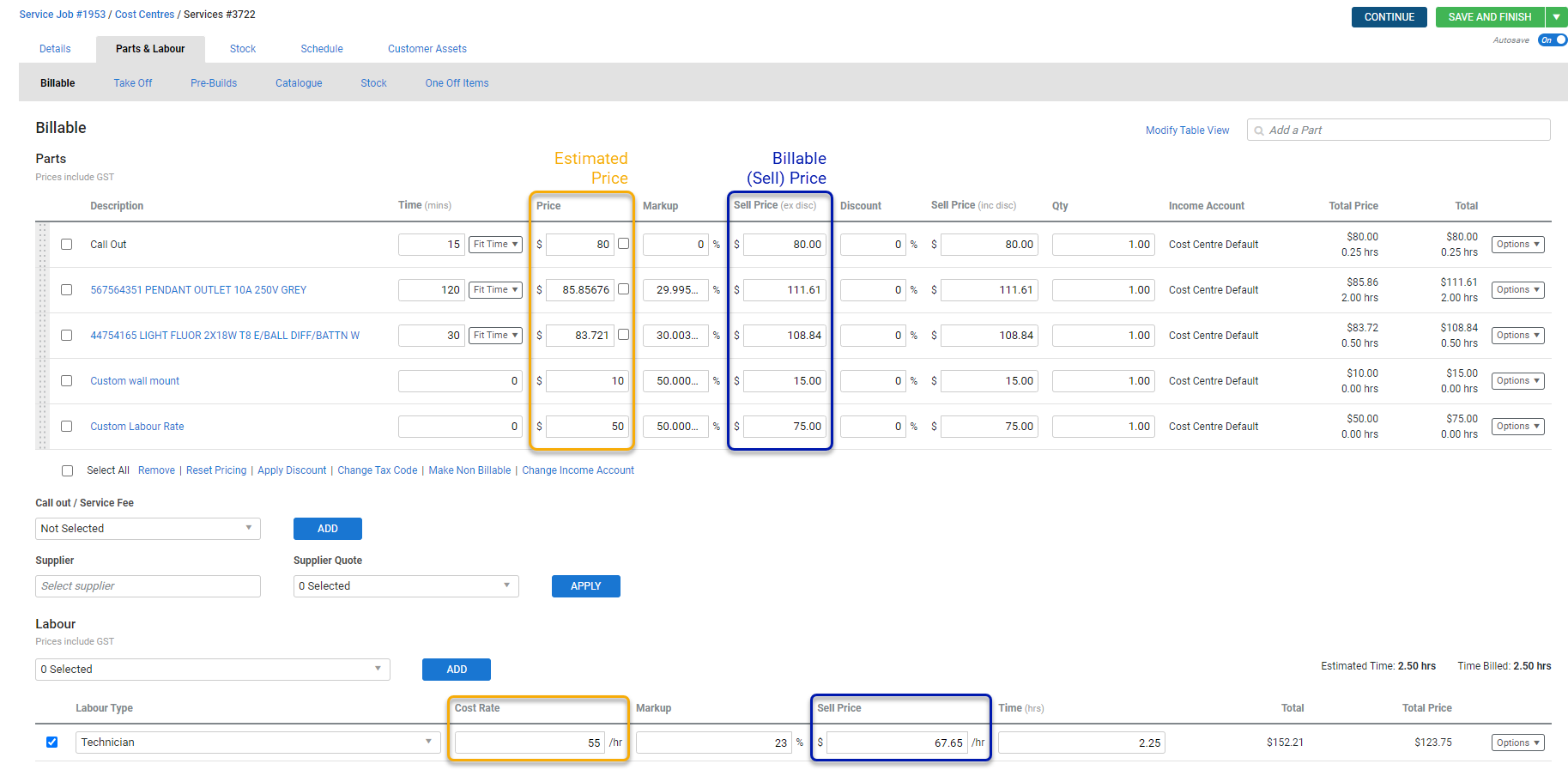A screenshot of the Job Setup page in a service job.