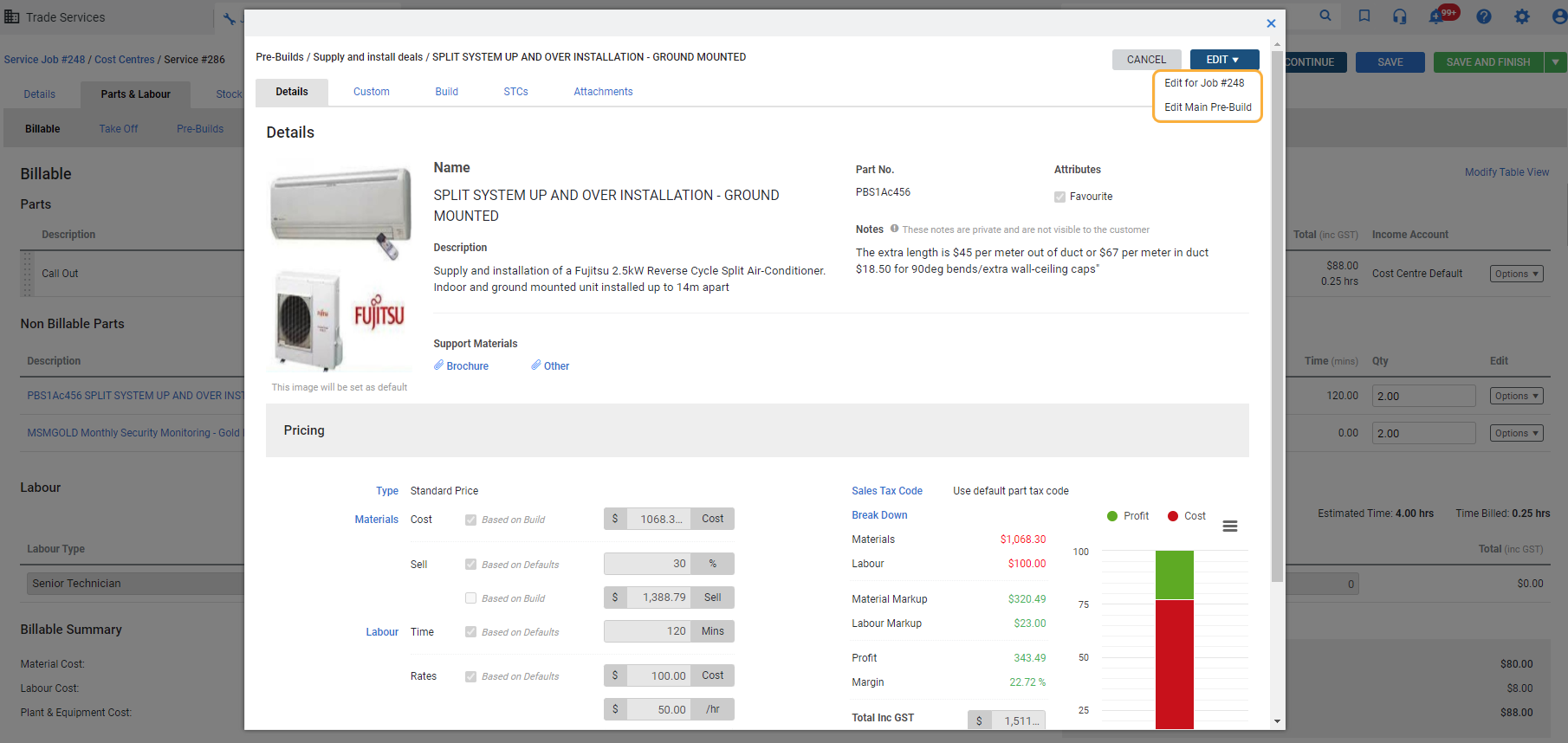 A screenshot of the Edit Pre-Build on Quote option.