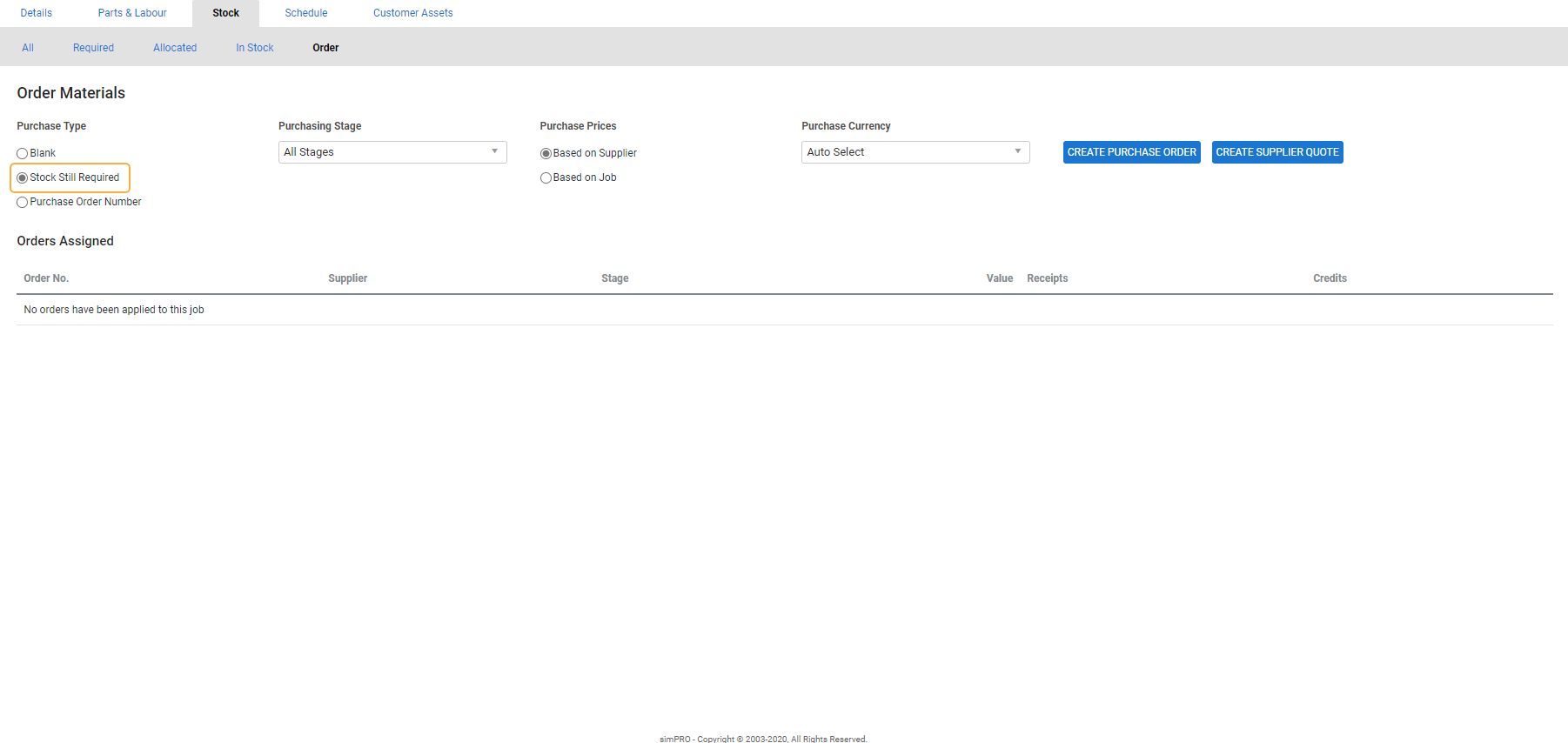 A screenshot of the Order sub-tab in a job.