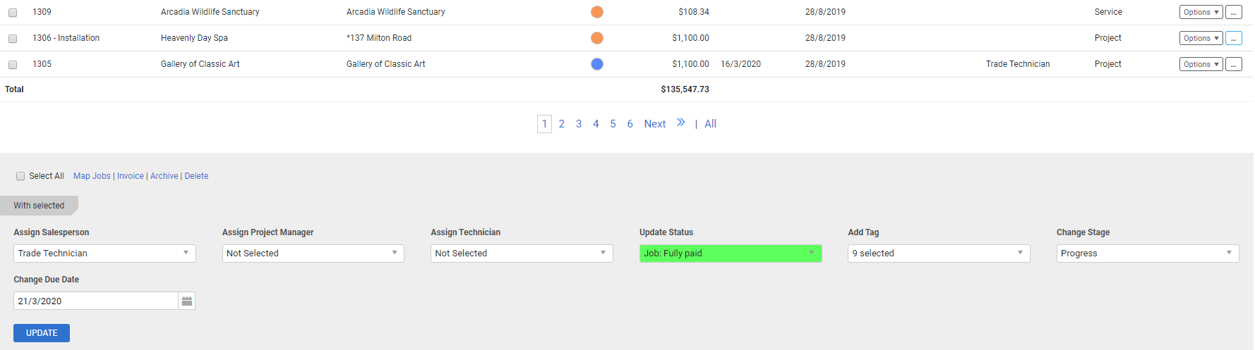 A screenshot of the options available in the jobs table.