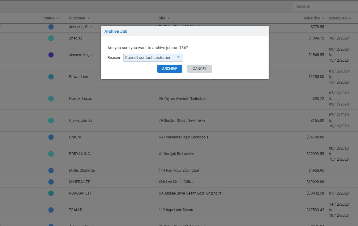 A screenshot of a job being archived.