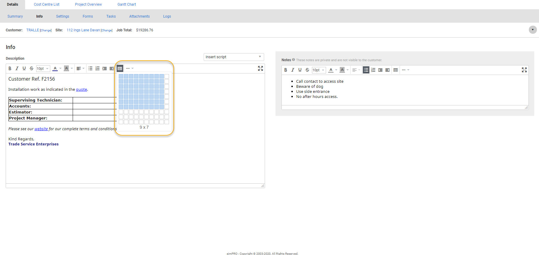 A screenshot of the grid used to insert tables.