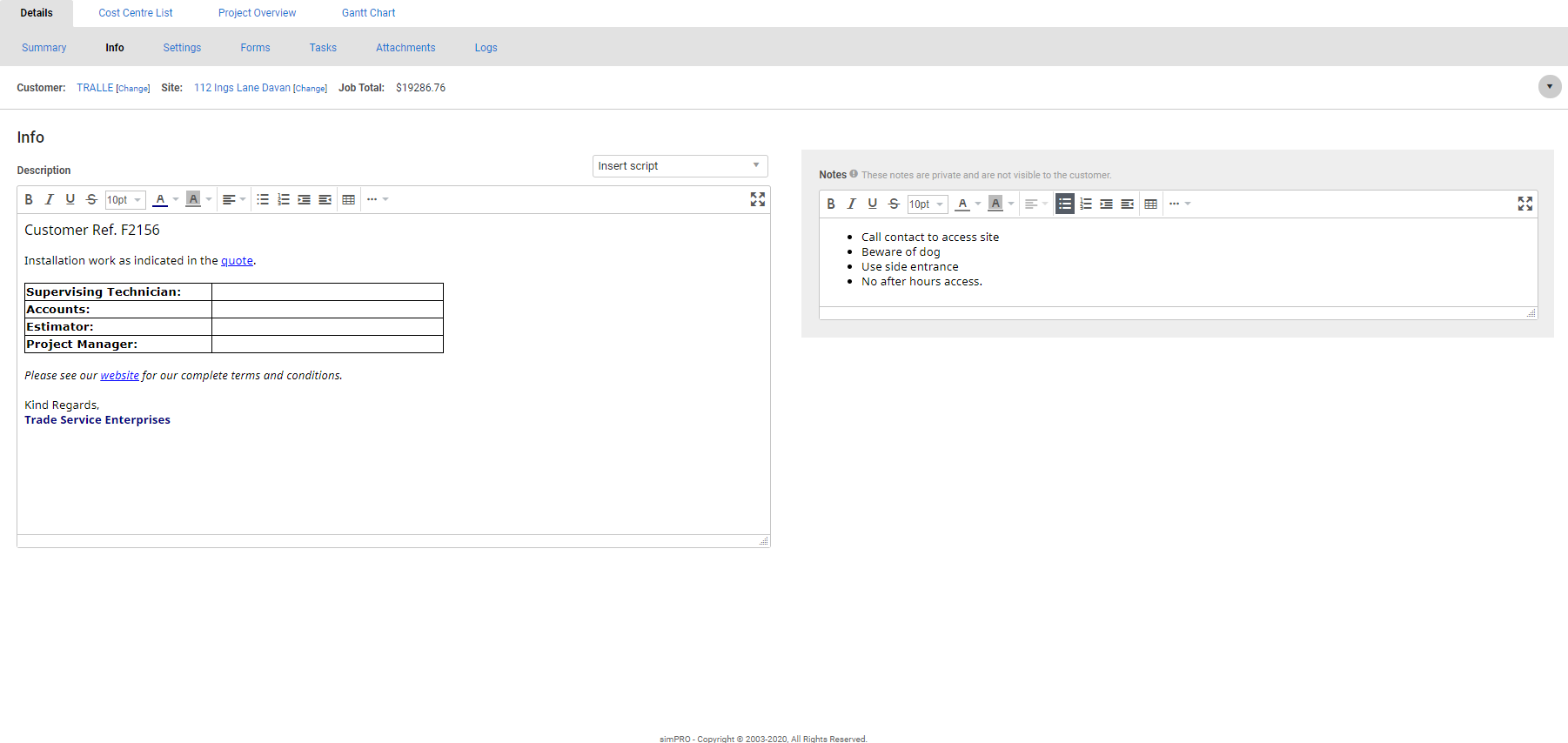A screenshot of a text box in Simpro Premium with formatted text and all options, including tables.