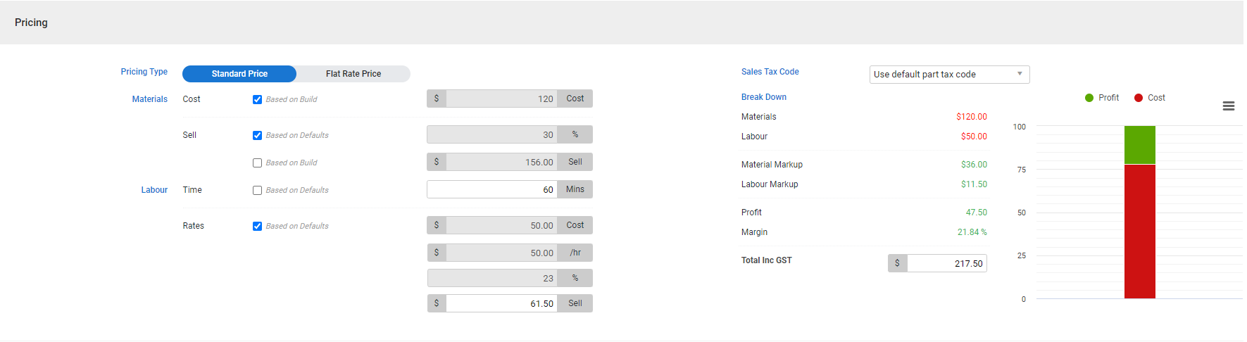 A screenshot of the Job Setup page in a service job.