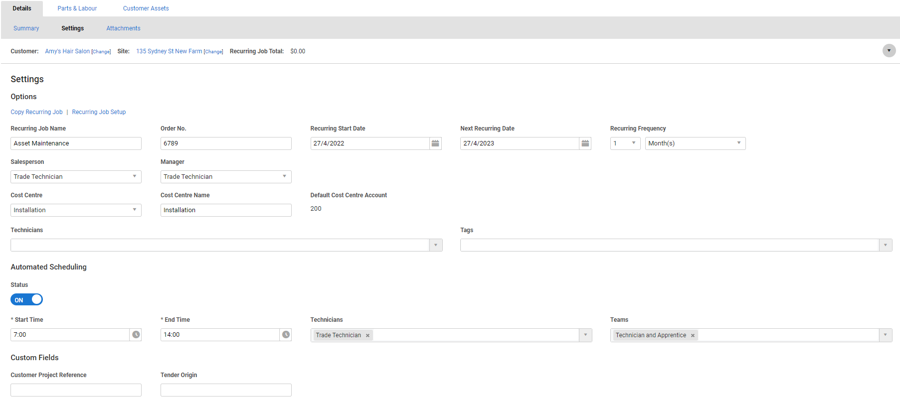 A screenshot of the Recurring Job Setup page.