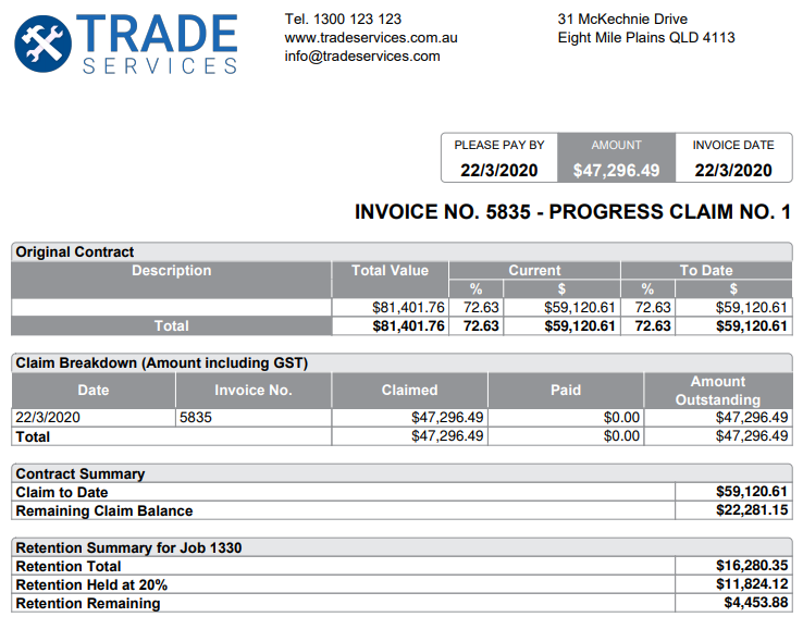 A screenshot a progress claim form including a retention summary with the total amount, amount held, and amount remaining.