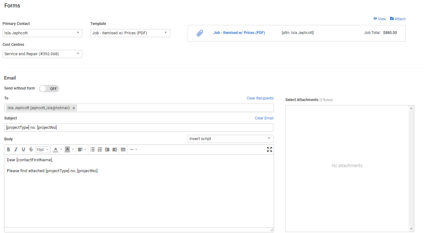 A screenshot of the Forms page in a job.