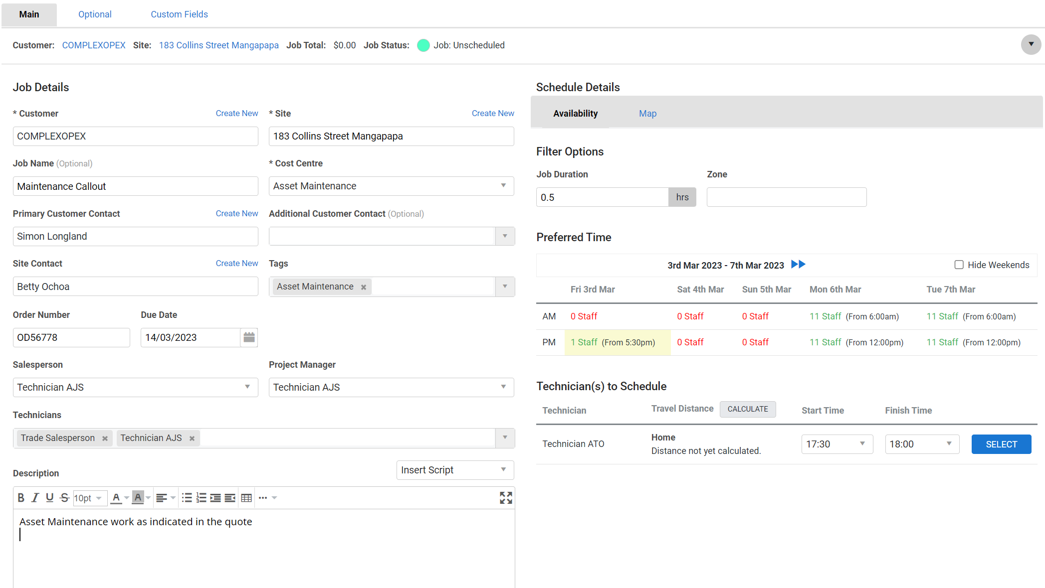 A screenshot of the Job Setup page in a service job.
