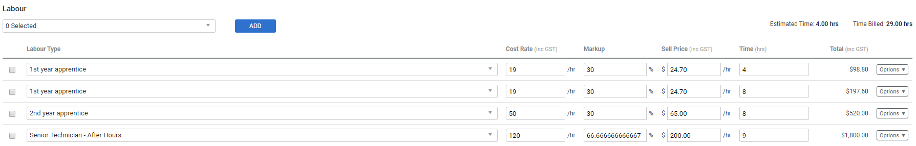 A screenshot of the Billable Labour table in a service job.
