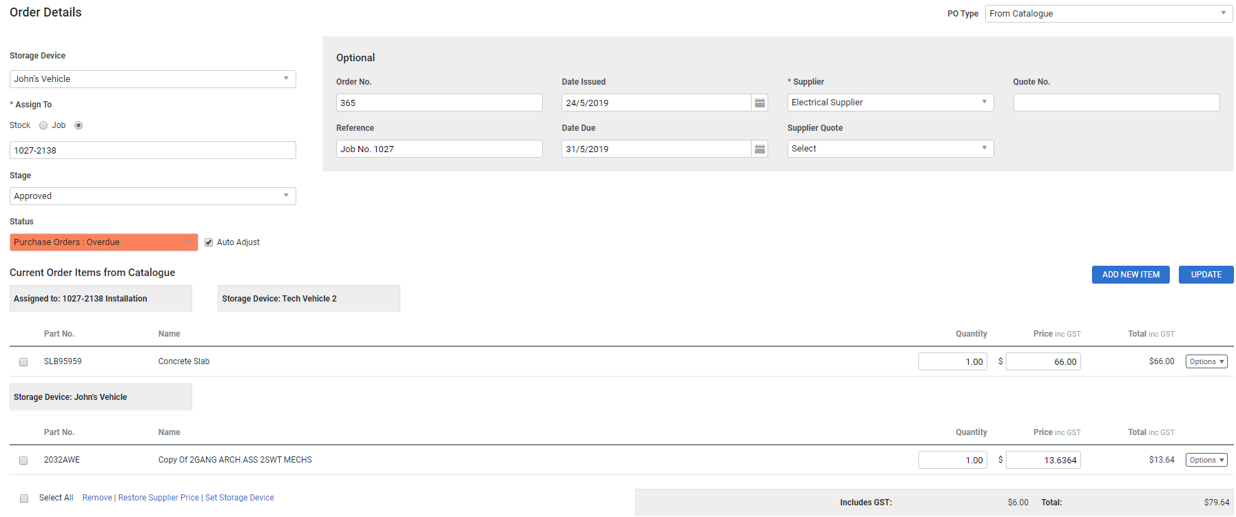 A screenshot of a catalogue purchase order with a blue ordered items table.