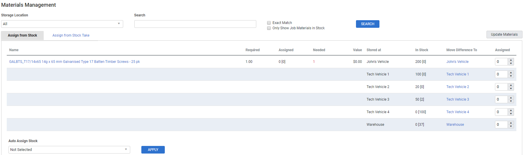 A screenshot of stock items assigned to a service job.