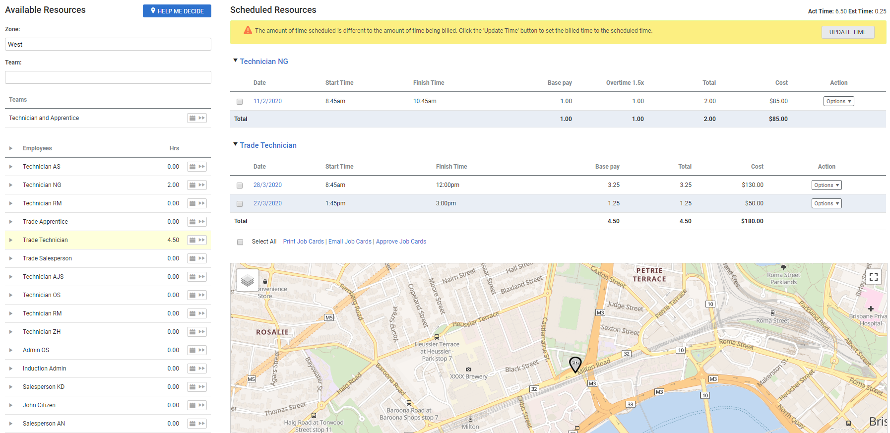 A screenshot of the Schedule tab in a service job.