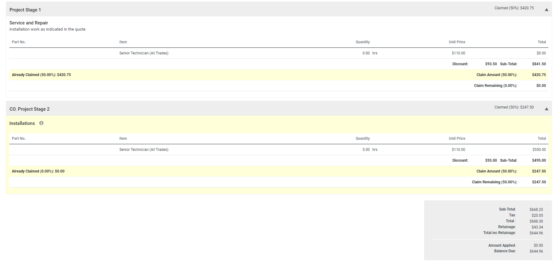A screenshot of a Variations table in an invoice, highlighted in yellow.