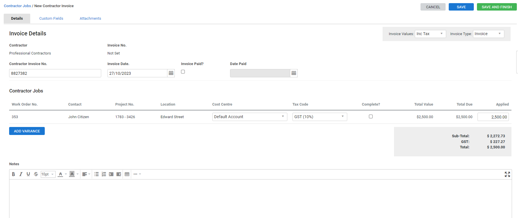 A screenshot of a contractor invoice.